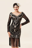 Black Long Sleeves Sequined Fringes 1920-tallet Gatsby Flapper Kjole med 20-tallet Tilbehør Set