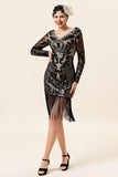 Black Long Sleeves Sequined Fringes 1920-tallet Gatsby Flapper Kjole med 20-tallet Tilbehør Set