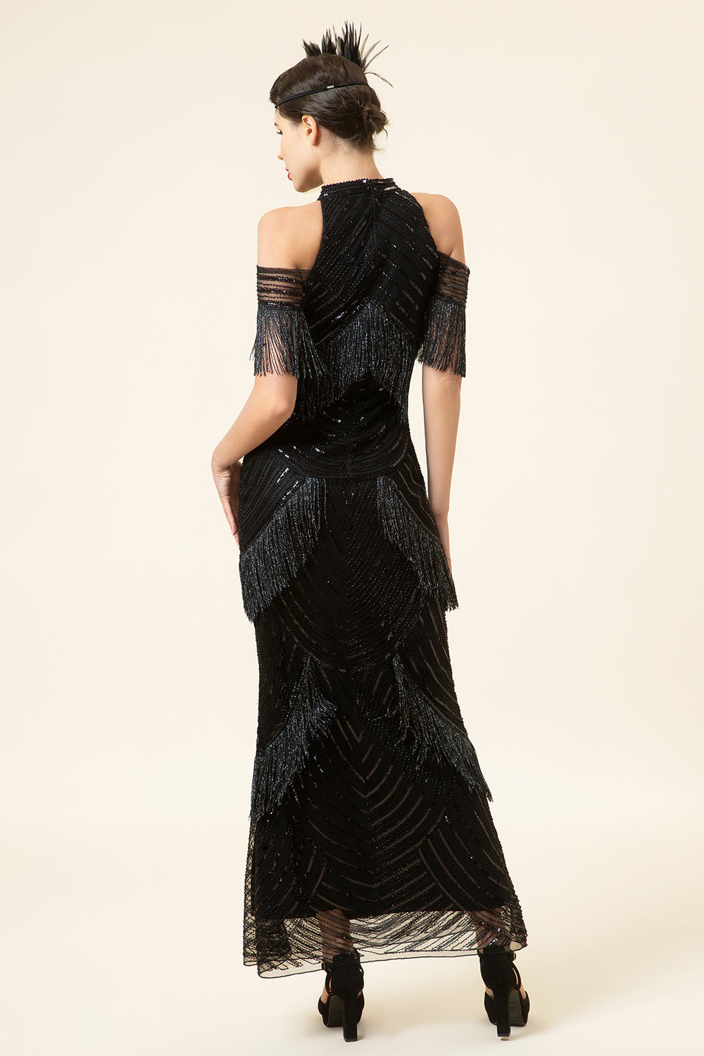 Black Sequined Fringes Long 1920s Gatsby Flapper Dress med 20-talls tilbehør sett
