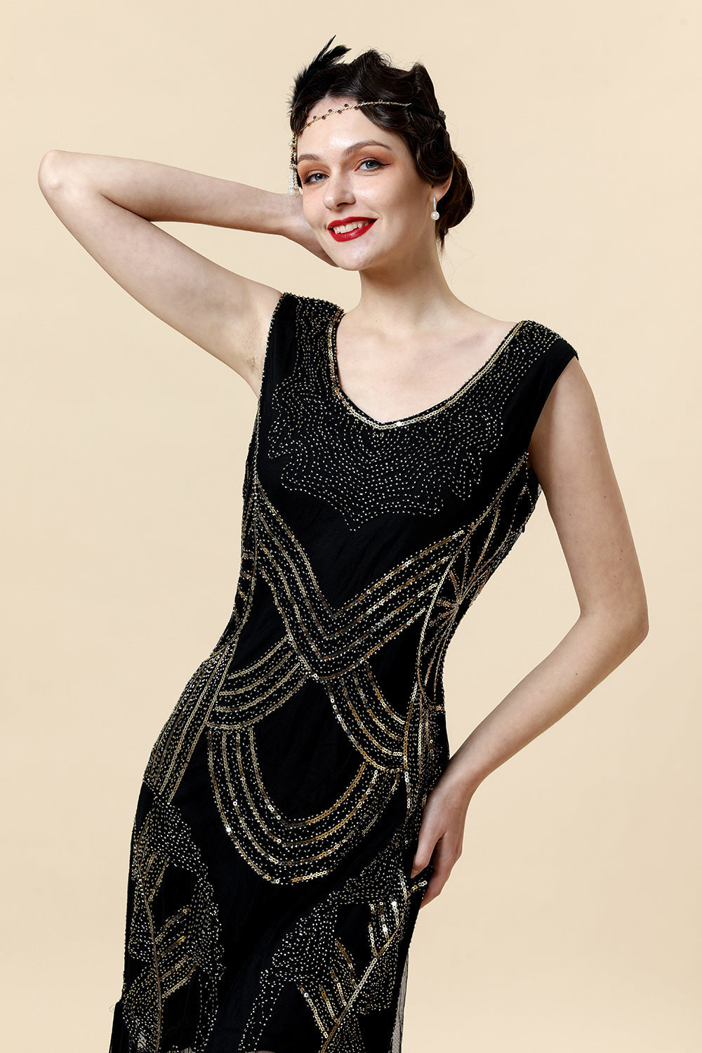 Black Sequined 1920-tallet Gatsby Flapper Party Dress med 20-tallet tilbehør sett