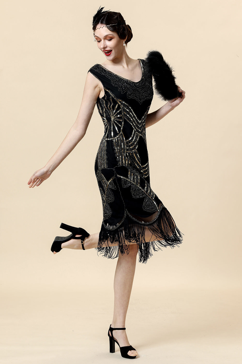 Black Sequined 1920-tallet Gatsby Flapper Party Dress med 20-tallet tilbehør sett