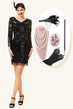 Black paljett lange ermer 1920-tallet Gatsby Flapper Party Dress med 20-talls tilbehør sett