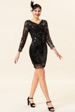 Black paljett lange ermer 1920-tallet Gatsby Flapper Party Dress med 20-talls tilbehør sett