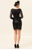 Black paljett lange ermer 1920-tallet Gatsby Flapper Party Dress med 20-talls tilbehør sett