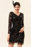 Black paljett lange ermer 1920-tallet Gatsby Flapper Party Dress med 20-talls tilbehør sett