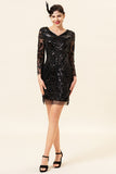 Black paljett lange ermer 1920-tallet Gatsby Flapper Party Dress med 20-talls tilbehør sett
