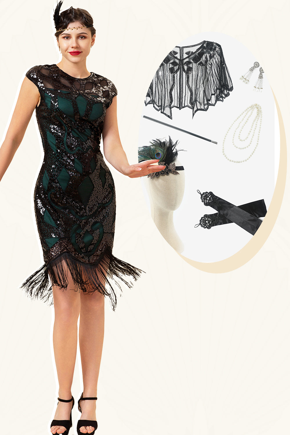 Black and Green paljett frynser 1920-tallet Gatsby Flapper Party Dress med 20-tallet tilbehør sett