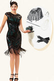 Black and Green paljett frynser 1920-tallet Gatsby Flapper Party Dress med 20-tallet tilbehør sett