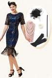 Navy Paljetter Fringes Flapper Kjole med 1920-tallet Tilbehør Set