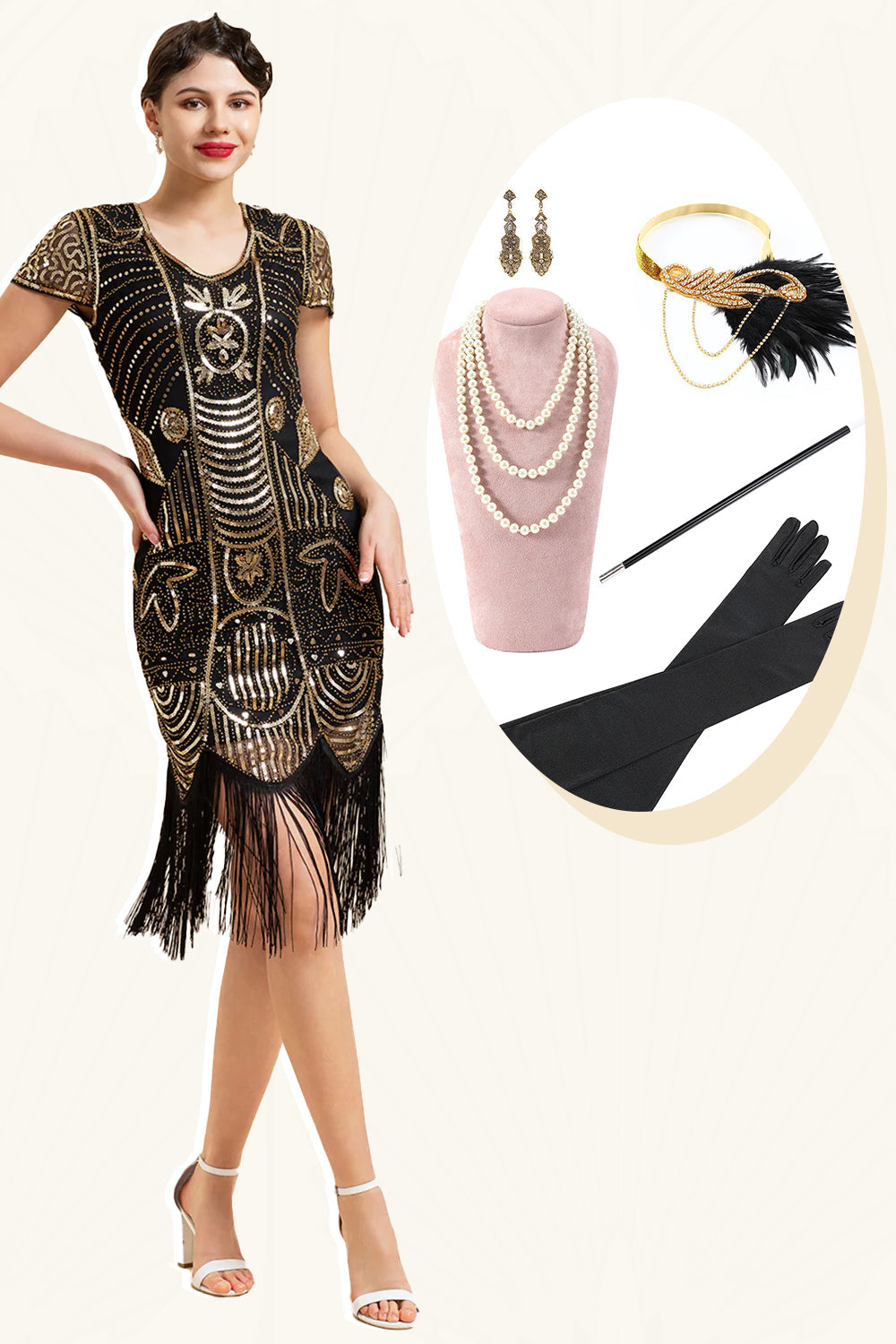 Golden Fringes Paljetter Flapper Kjole med 1920-tallet Tilbehør Set
