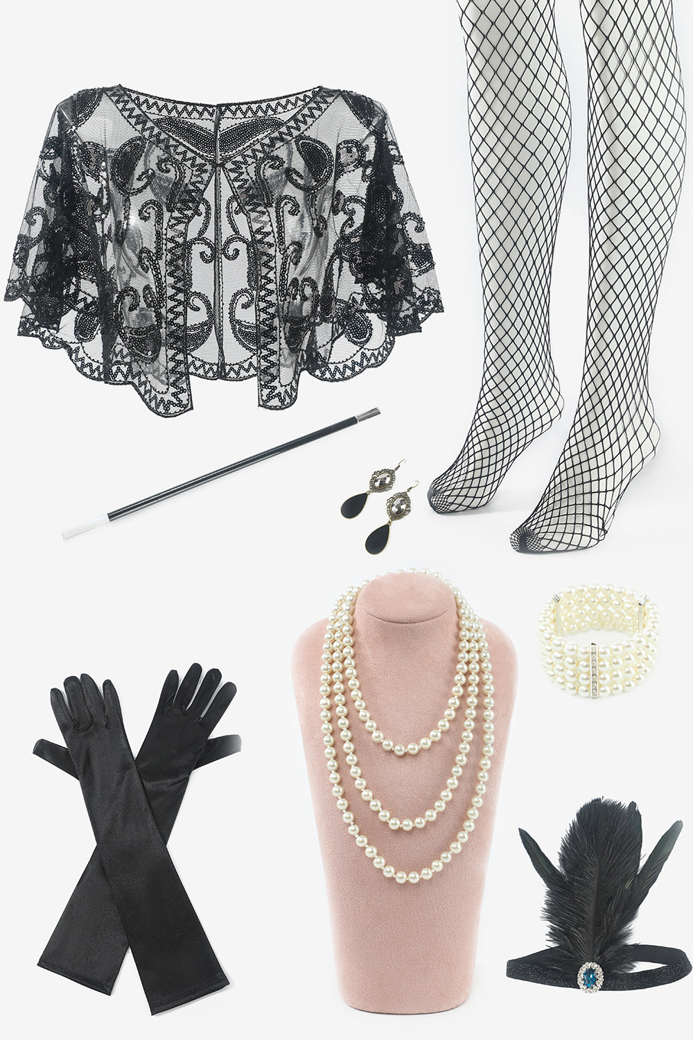 Spaghetti stropper Sequin Fringes Flapper Kjole med 1920-tallet Tilbehør Set