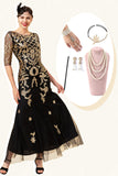 Golden Paljetter Glitter Flapper Kjole med 1920-tallet Tilbehør Set