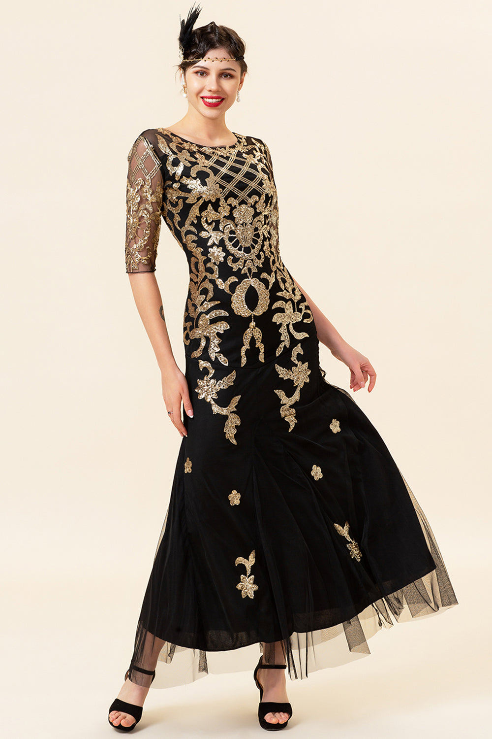 Golden Paljetter Glitter Flapper Kjole med 1920-tallet Tilbehør Set