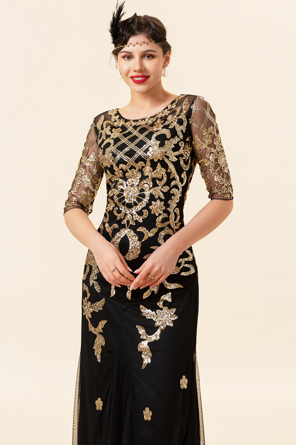 Golden Paljetter Glitter Flapper Kjole med 1920-tallet Tilbehør Set