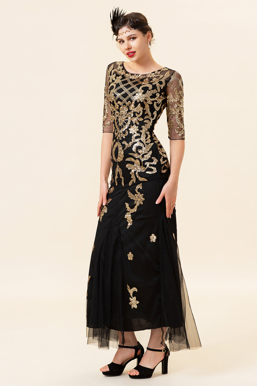 Golden Paljetter Glitter Flapper Kjole med 1920-tallet Tilbehør Set