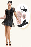 Black Beading Fringes Flapper kjole med 1920-tallet tilbehør sett