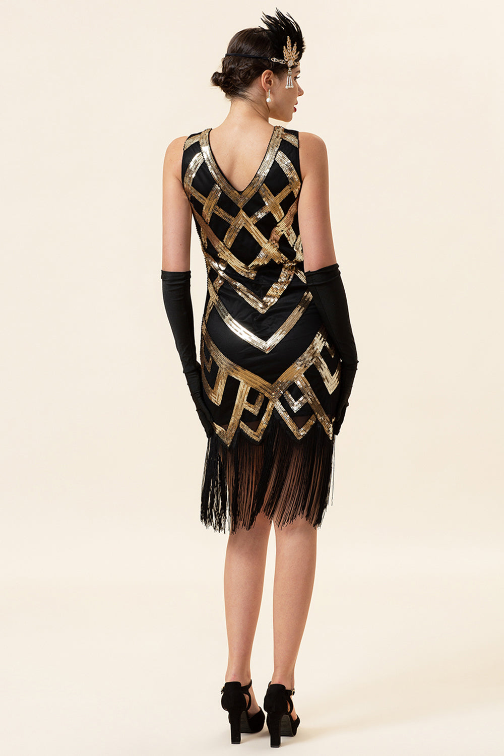 Golden Fringes Paljetter Flapper Kjole med 1920-tallet Tilbehør Set