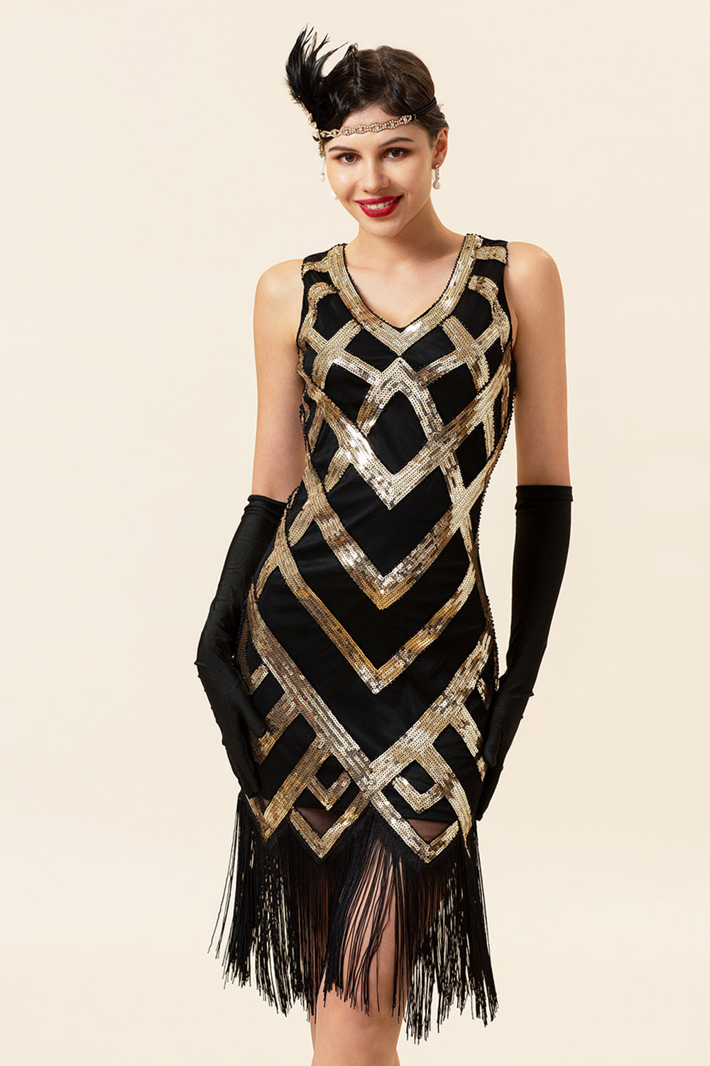 Golden Fringes Paljetter Flapper Kjole med 1920-tallet Tilbehør Set