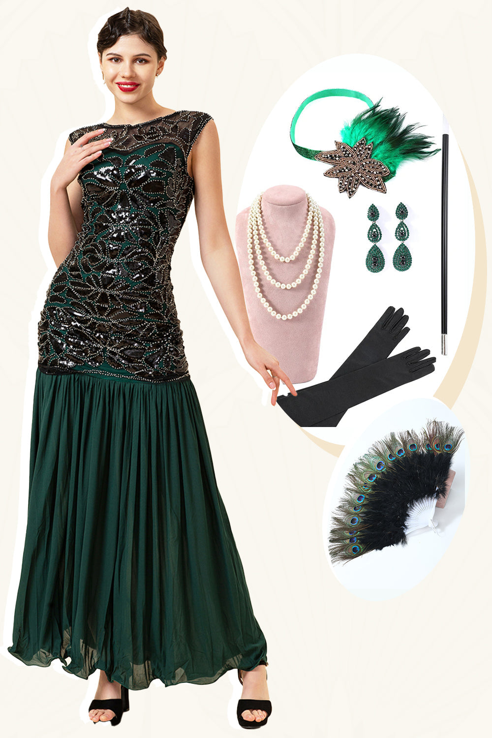 Green Beading Long Flapper Dress med 1920-tallet Tilbehør Set