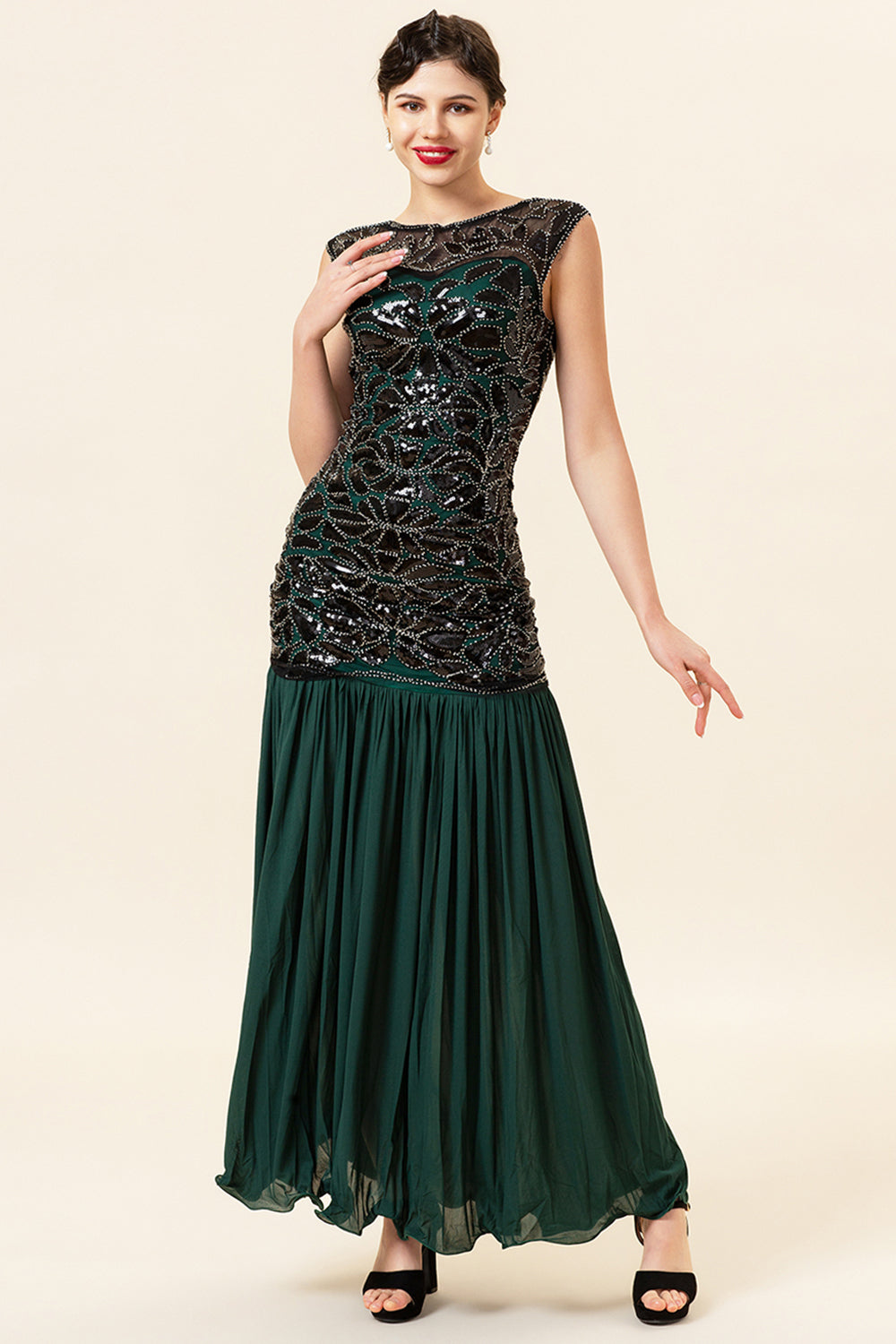 Green Beading Long Flapper Dress med 1920-tallet Tilbehør Set