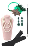 Green Beading Long Flapper Dress med 1920-tallet Tilbehør Set