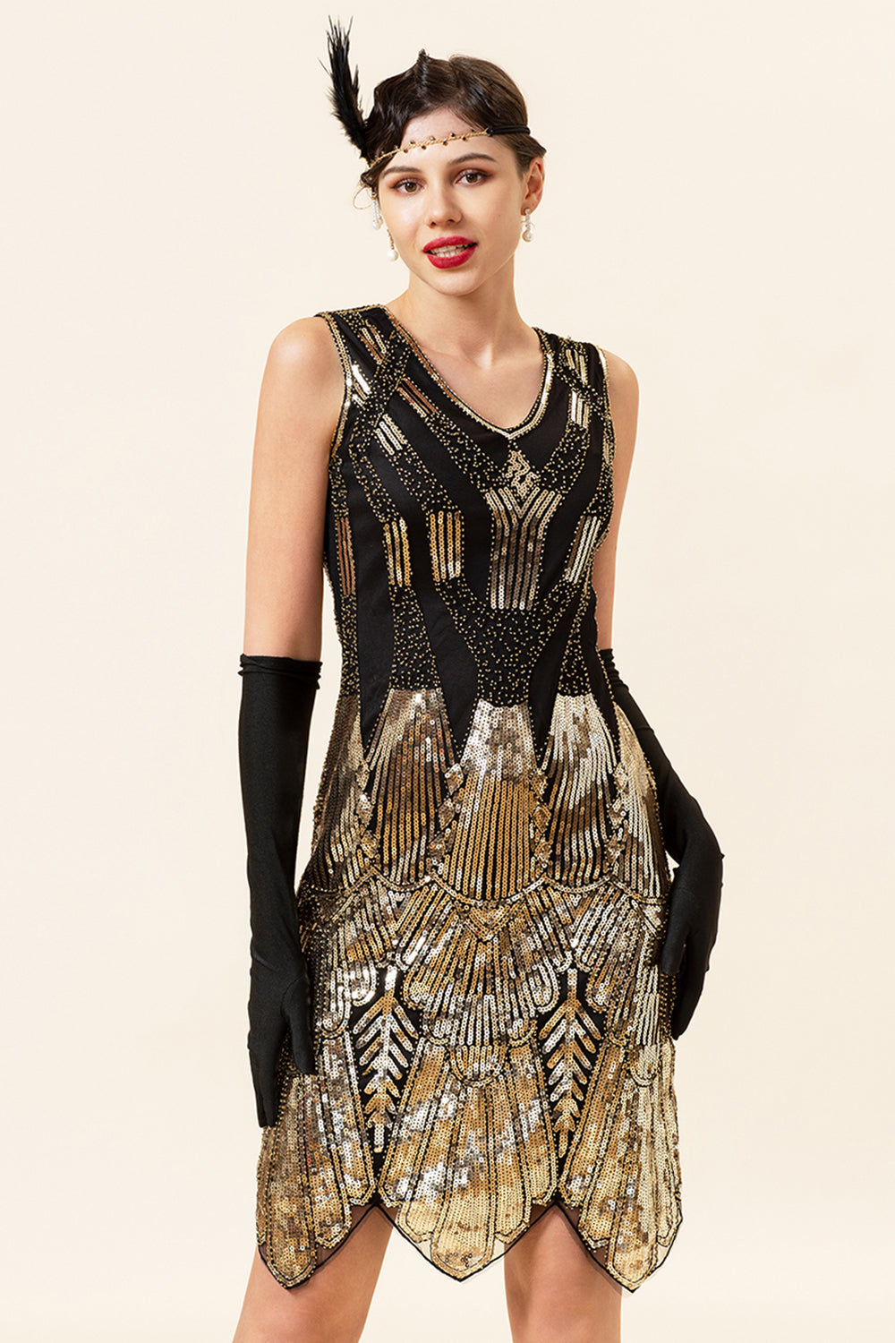 Golden Paljetter Glitter Flapper Kjole med 1920-tallet Tilbehør Set