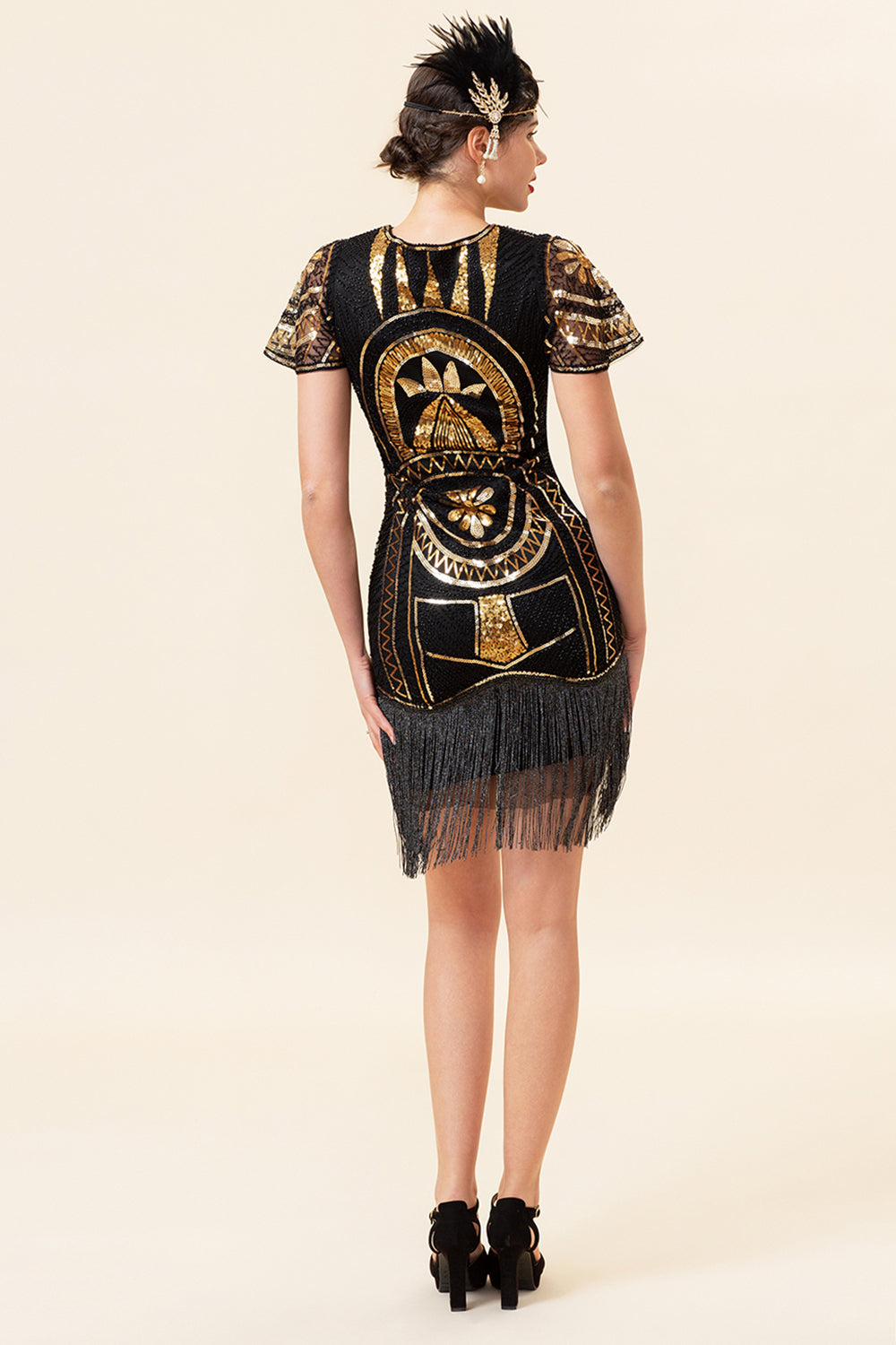 Fringed Golden Sequins Flapper Kjole med 20s tilbehør sett