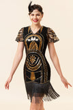 Fringed Golden Sequins Flapper Kjole med 20s tilbehør sett