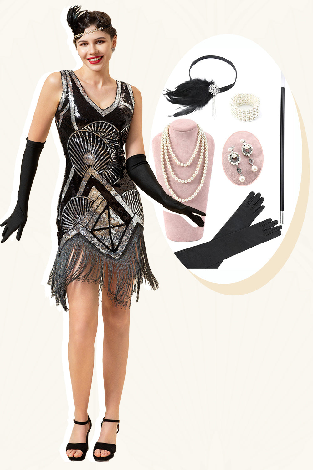Silver Fringed Paljetter Glitter Flapper Kjole med 20s Tilbehør Set
