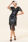 Black Paljetter Fringed Gatsby kjole med 20s tilbehør sett