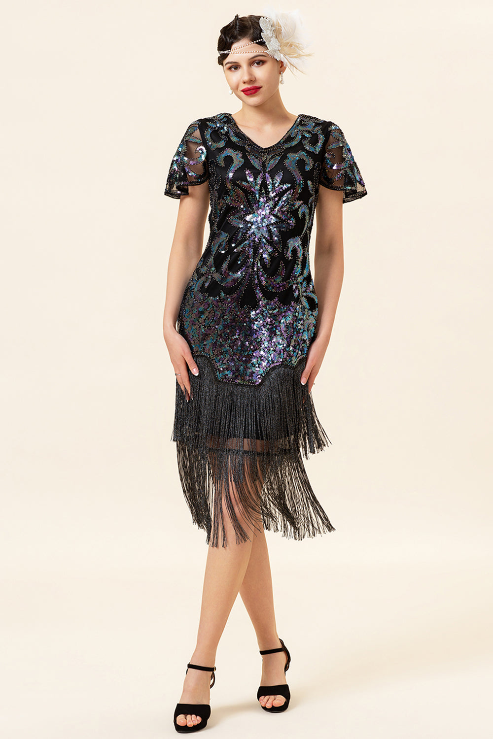 Black Paljetter Fringed Gatsby kjole med 20s tilbehør sett
