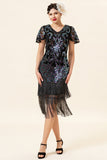 Black Paljetter Fringed Gatsby kjole med 20s tilbehør sett