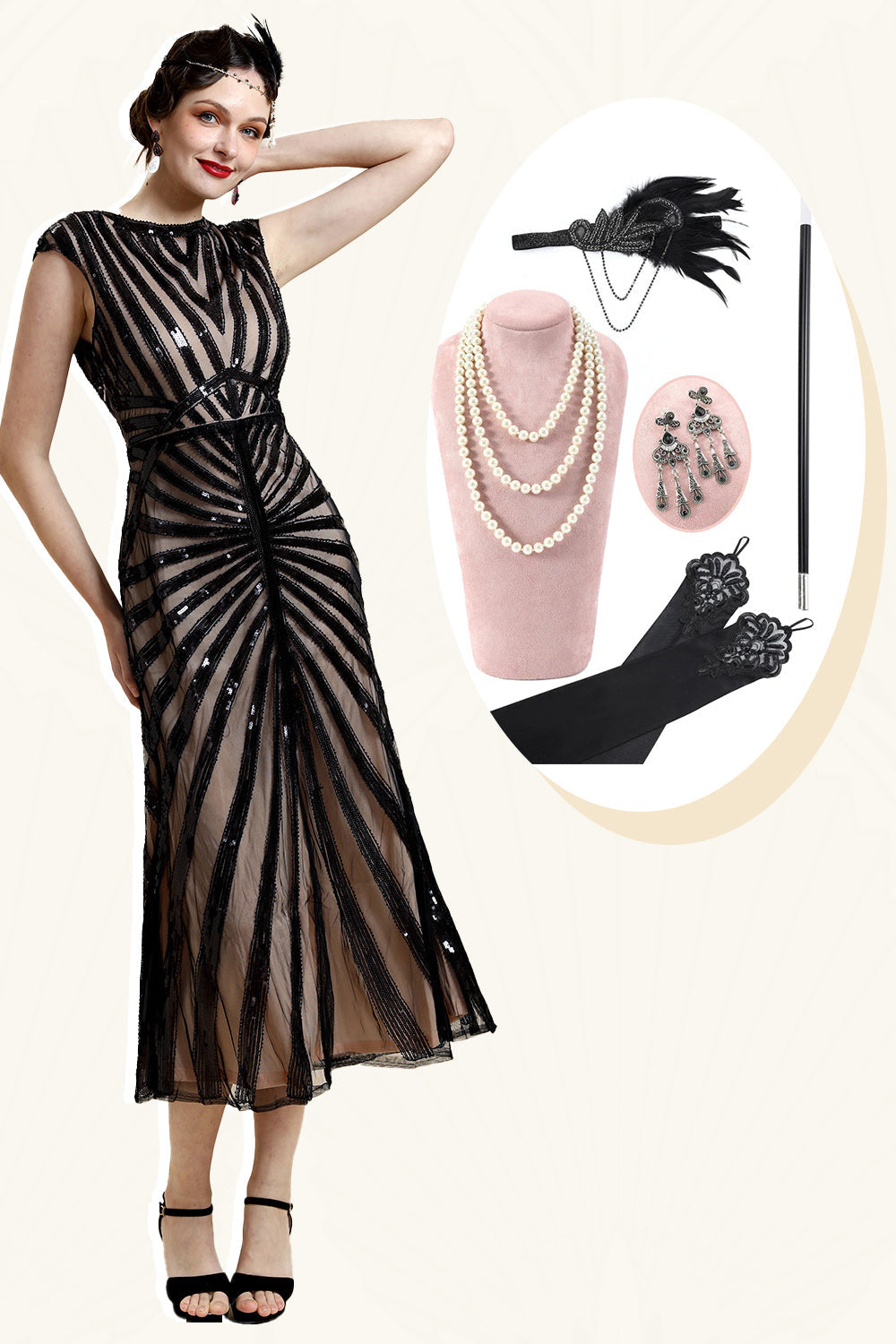Black Paljetter Glitter Midi Flapper Kjole med 20s Tilbehør Set