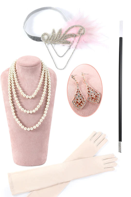 Beaded Pink Fringed Flapper Dress med 1920-tallet Tilbehør Set