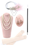 Beaded Pink Fringed Flapper Dress med 1920-tallet Tilbehør Set