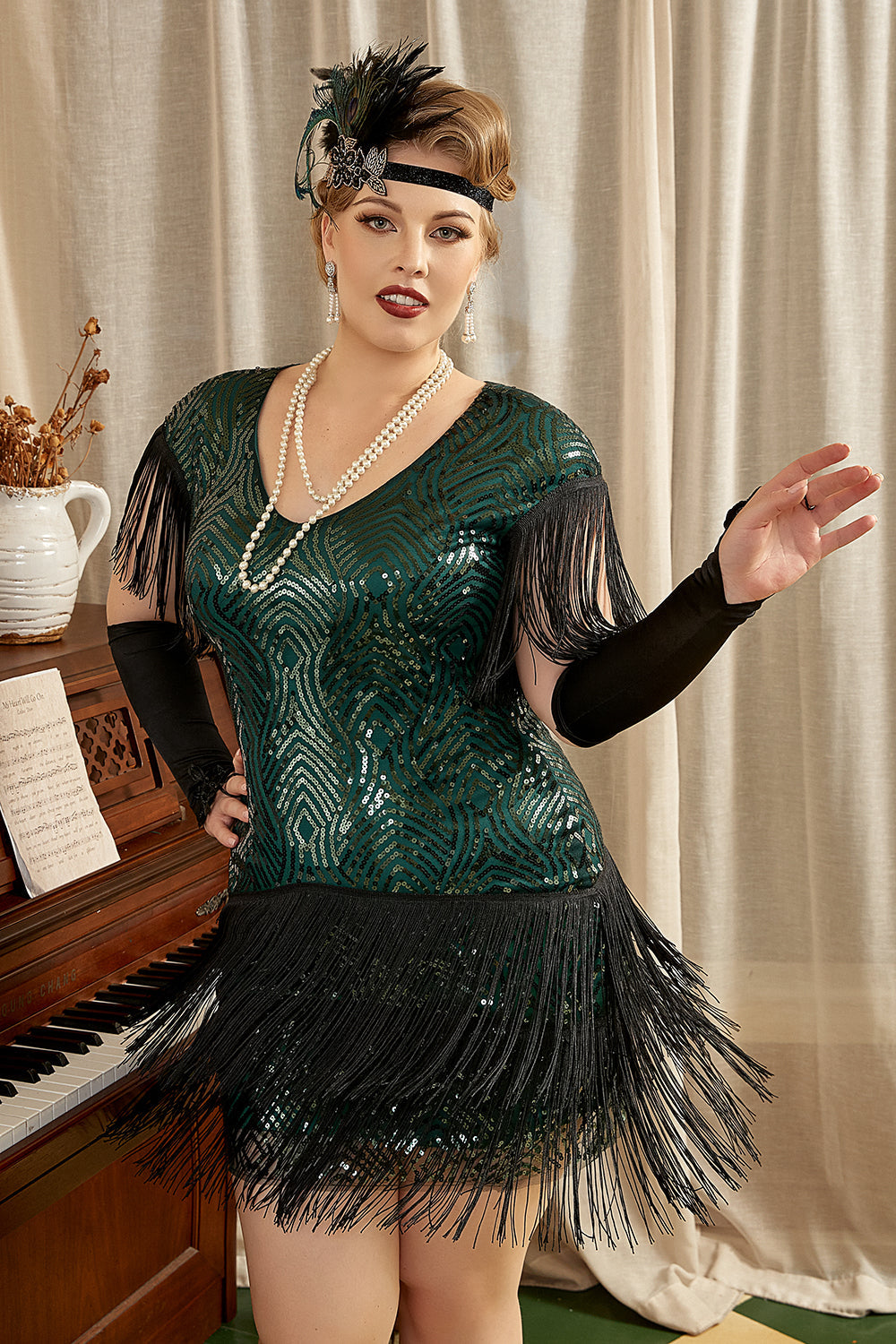 Grønn Plus Size 1920-tallet Gatsby kjole med 20s Acessories Set