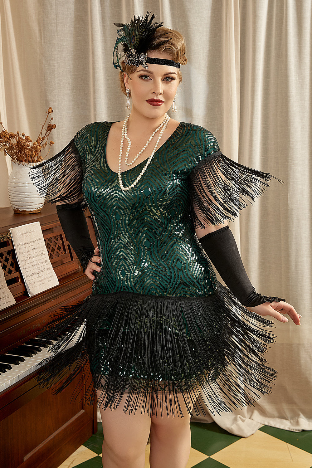 Grønn Plus Size 1920-tallet Gatsby kjole med 20s Acessories Set