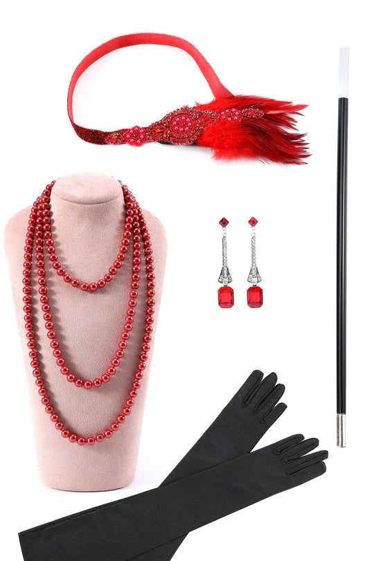 Rød pluss størrelse 1920-tallet Gatsby kjole med 20s Acessories Set