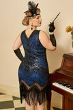 Royal Blue Sequined 1920-tallet Gatsby Plus Size kjole med 20s tilbehør sett