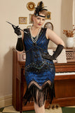 Royal Blue Sequined 1920-tallet Gatsby Plus Size kjole med 20s tilbehør sett