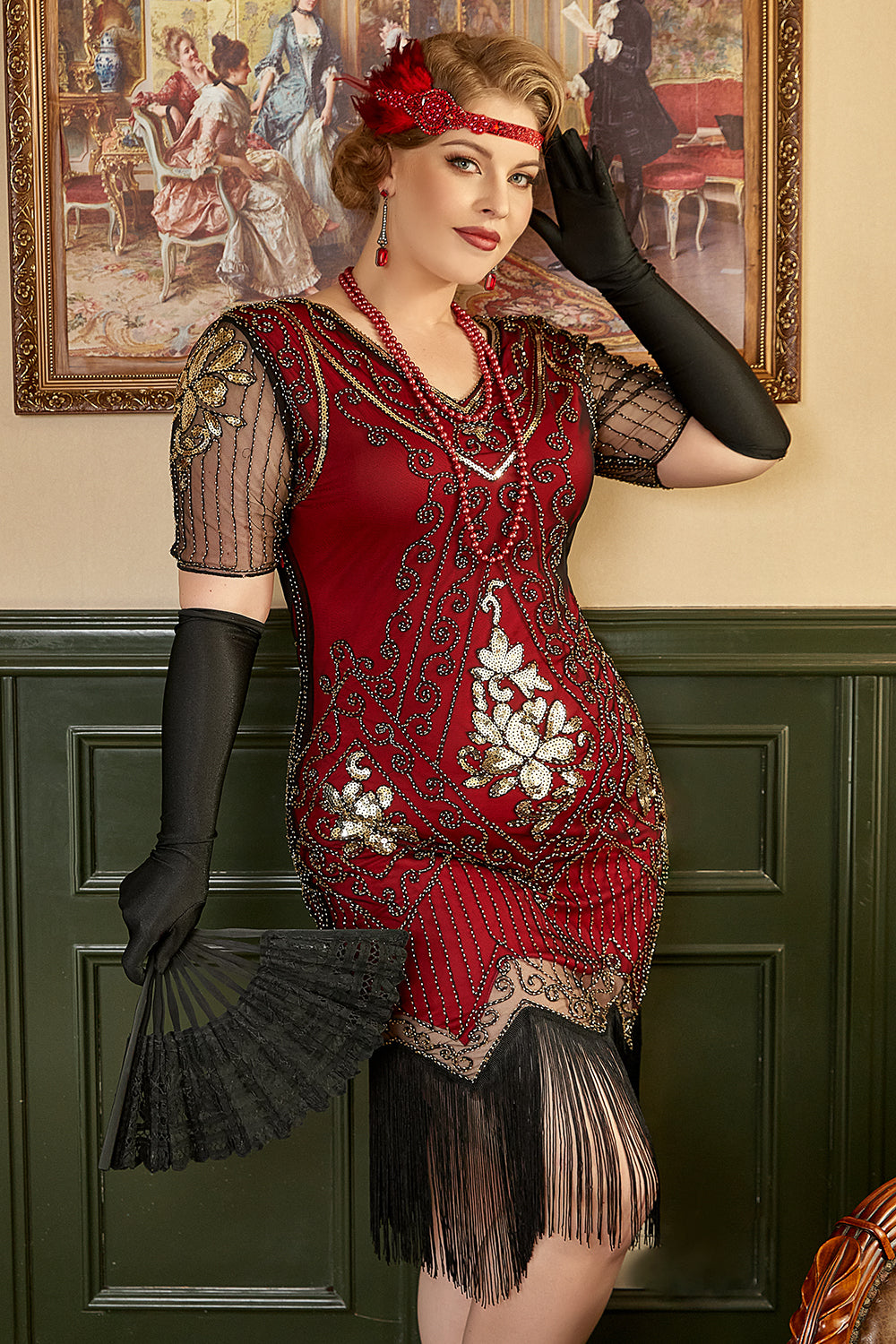 Gylden og rød 1920-tallet Plus Size kjole med 20s tilbehør sett