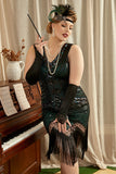 Dark Green Sequined 1920s Plus Size Flapper kjole med 20s tilbehør Set