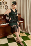 Dark Green Sequined 1920s Plus Size Flapper kjole med 20s tilbehør Set