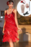 Sparkly Red Sequined 1920 Flapper Dress med 20s tilbehør