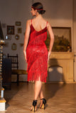 Sparkly Red Sequined 1920 Flapper Dress med 20s tilbehør