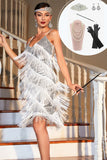 Sparkly White Sequined 1920 Flapper kjole med 20s tilbehør
