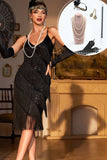 Sparkly Black Sequined 1920-tallet Flapper kjole med 20s tilbehør