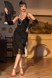 Sparkly Black Sequined 1920-tallet Flapper kjole med 20s tilbehør