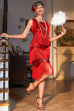 Sparkly Red Sequined Fringed 1920 -tallet Gatsby kjole med 20-talls tilbehør