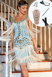 Sparkly Blue Sequined 1920 Flapper kjole med 20s tilbehør